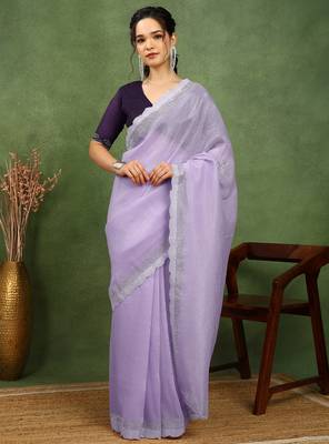 party wear silk blend crush embellished saree with unstiched blouse piece_light lavender 1