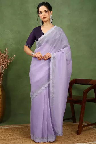 party wear silk blend crush embellished saree with unstiched blouse piece_light lavender