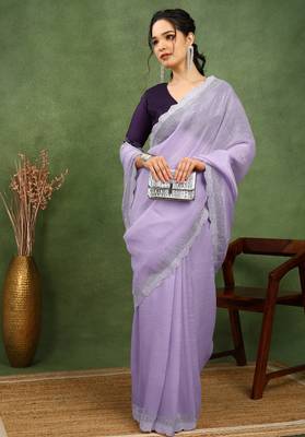 party wear silk blend crush embellished saree with unstiched blouse piece_light lavender 2