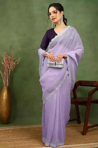 party wear silk blend crush embellished saree with unstiched blouse piece_light lavender