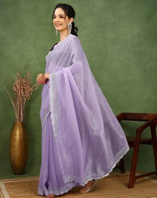 party wear silk blend crush embellished saree with unstiched blouse piece_light lavender 3