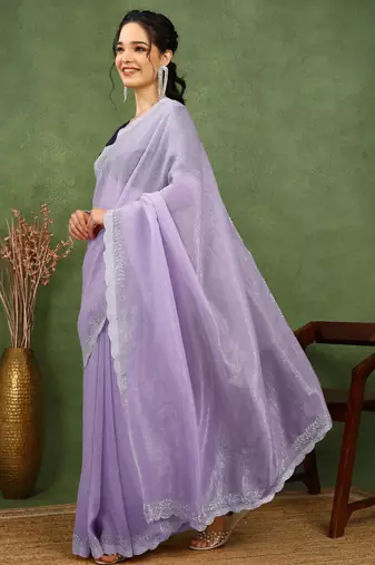 party wear silk blend crush embellished saree with unstiched blouse piece_light lavender