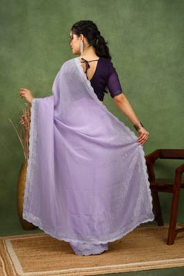 party wear silk blend crush embellished saree with unstiched blouse piece_light lavender 4