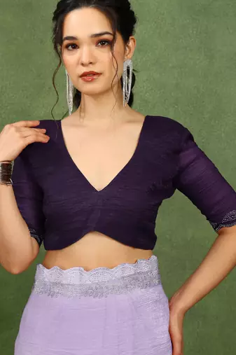 party wear silk blend crush embellished saree with unstiched blouse piece_light lavender
