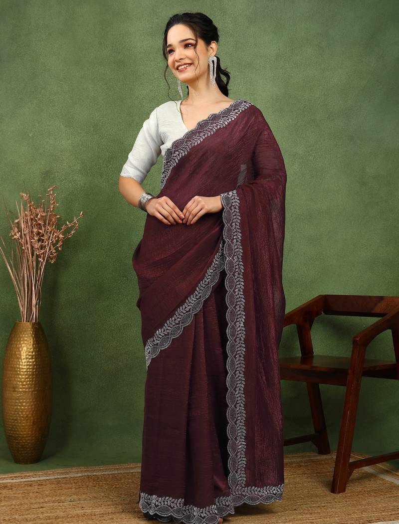 party wear silk blend crush embellished saree with unstiched blouse piece_dark coffee brown