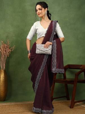 party wear silk blend crush embellished saree with unstiched blouse piece_dark coffee brown 2