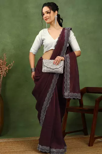 party wear silk blend crush embellished saree with unstiched blouse piece_dark coffee brown