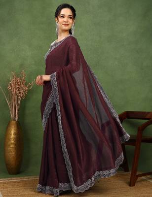 party wear silk blend crush embellished saree with unstiched blouse piece_dark coffee brown 3