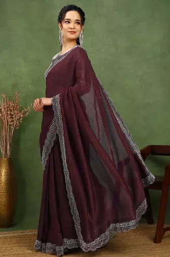 party wear silk blend crush embellished saree with unstiched blouse piece_dark coffee brown