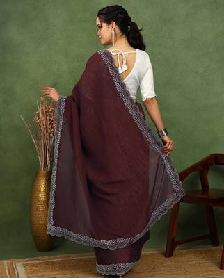 party wear silk blend crush embellished saree with unstiched blouse piece_dark coffee brown 4