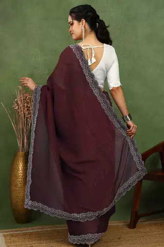 party wear silk blend crush embellished saree with unstiched blouse piece_dark coffee brown