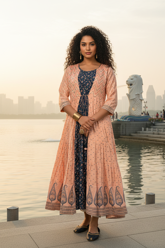 Peach  cotton with hand print light embroidered kurti