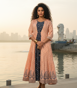 Peach  cotton with hand print light embroidered kurti