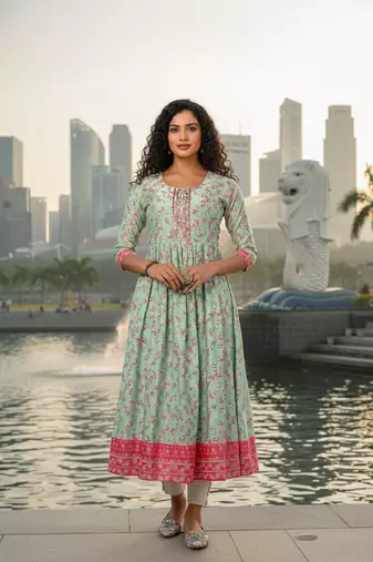 Light green  cotton with hand print light embroidered kurti