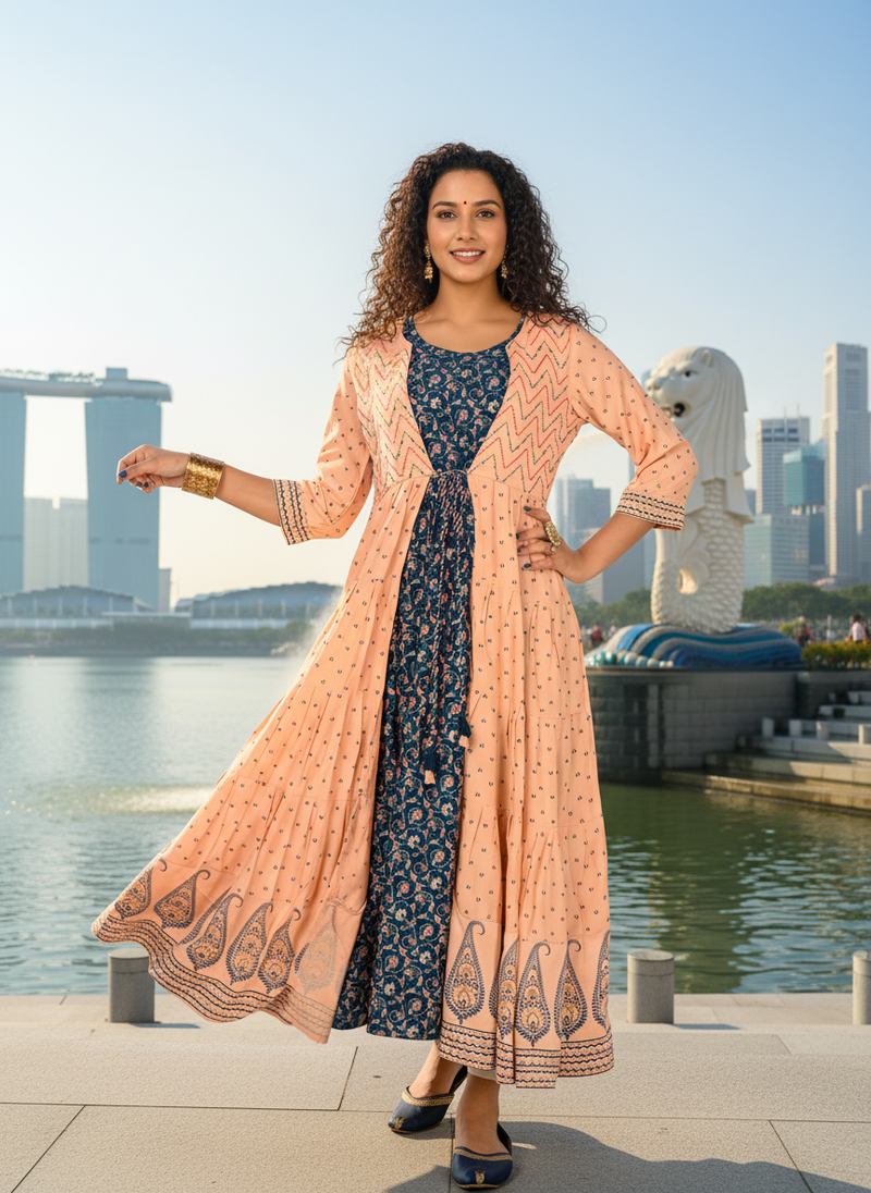 Peach  cotton with hand print light embroidered kurti