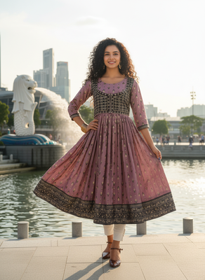 Violet  cotton with hand print light embroidered kurti 1