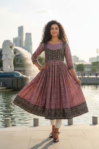 Violet  cotton with hand print light embroidered kurti