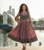 Violet  cotton with hand print light embroidered kurti