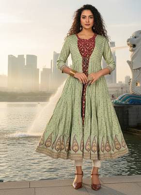 Green  cotton with hand print light embroidered kurti 1