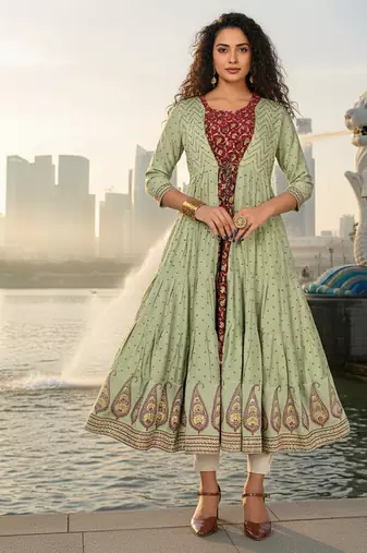 Green  cotton with hand print light embroidered kurti