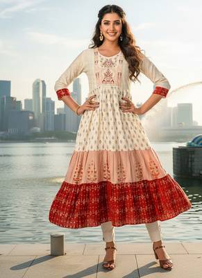 Cream  cotton with hand print light embroidered kurti 1