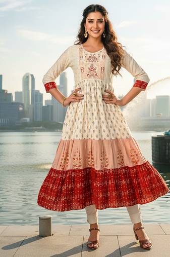 Cream  cotton with hand print light embroidered kurti