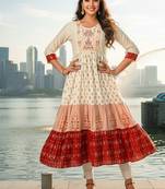 Cream  cotton with hand print light embroidered kurti