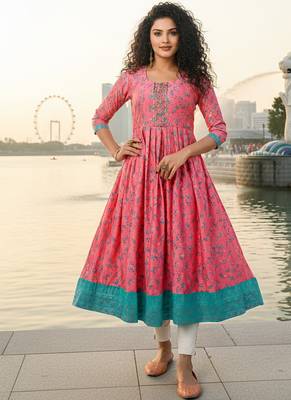 Pink  cotton with hand print light embroidered kurti 1