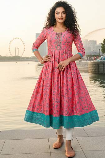 Pink  cotton with hand print light embroidered kurti