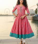 Pink  cotton with hand print light embroidered kurti