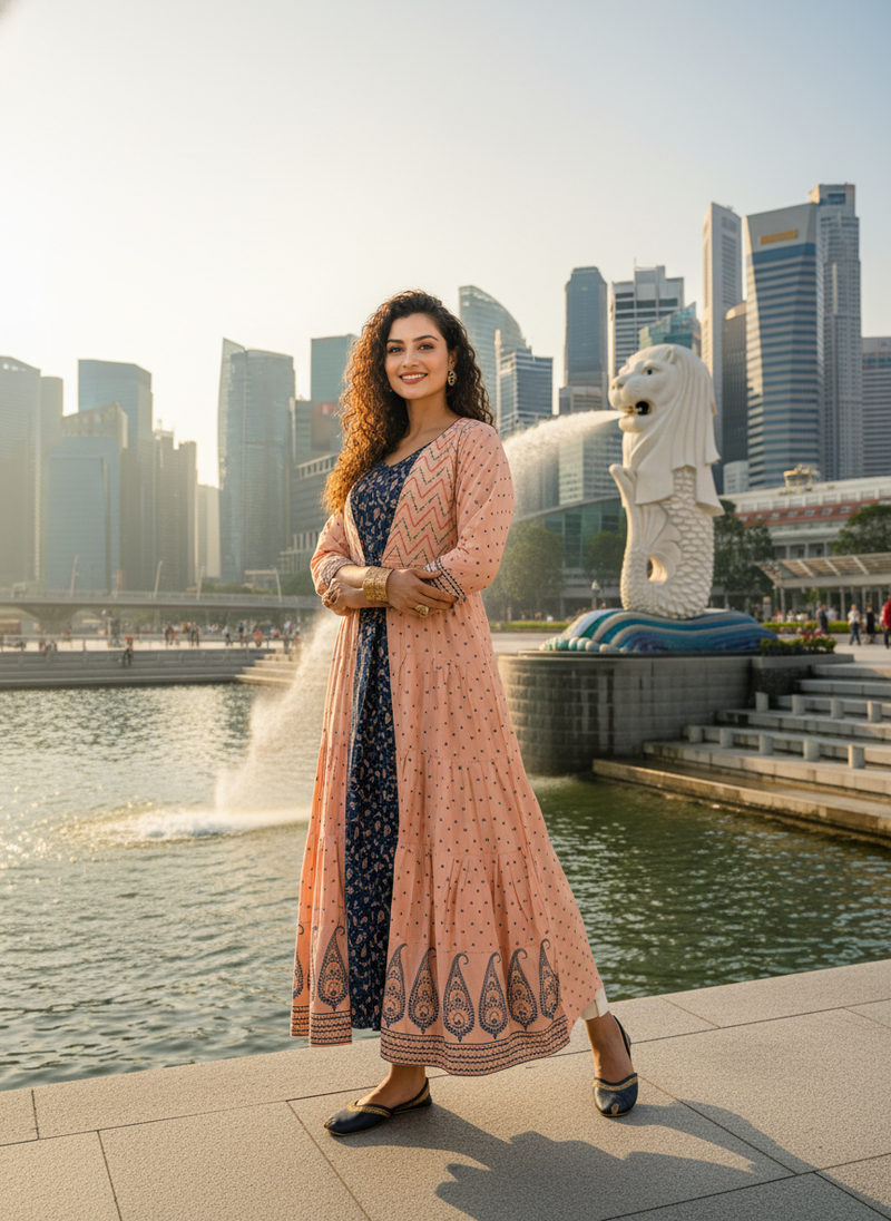 Peach  cotton with hand print light embroidered kurti