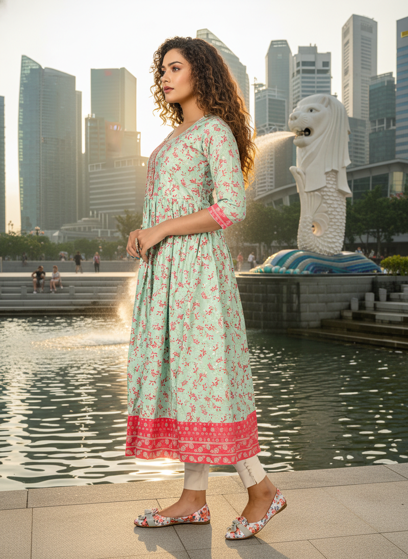 Light green  cotton with hand print light embroidered kurti