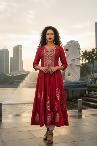 Red  cotton with hand print light embroidered kurti