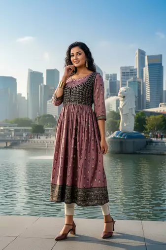 Violet  cotton with hand print light embroidered kurti