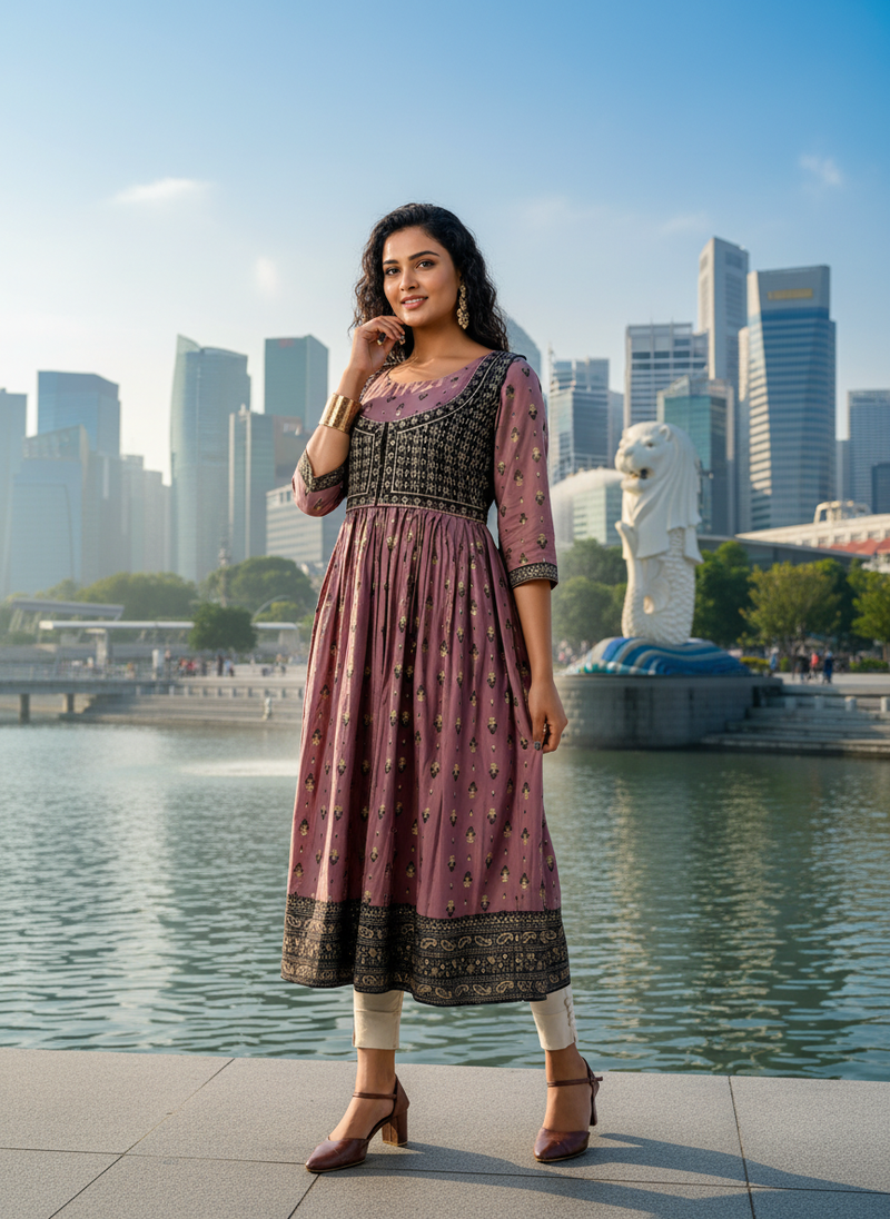 Violet  cotton with hand print light embroidered kurti