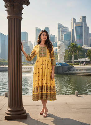 Yellow  cotton with printed kurti 1