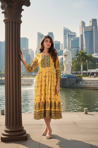 Yellow  cotton with printed kurti