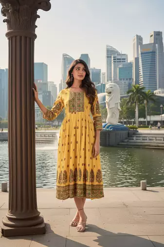 Yellow  cotton with printed kurti