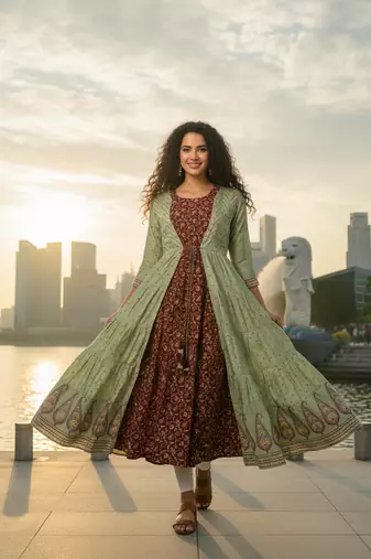 Green  cotton with hand print light embroidered kurti