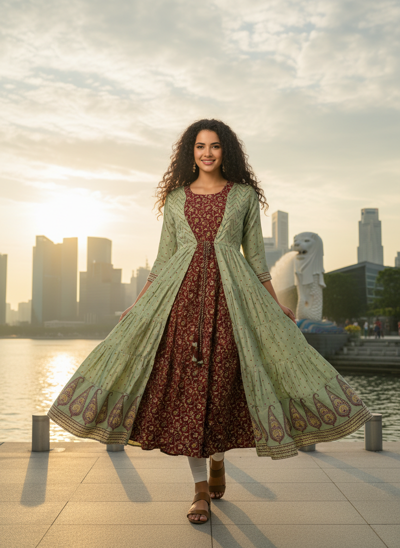 Green  cotton with hand print light embroidered kurti