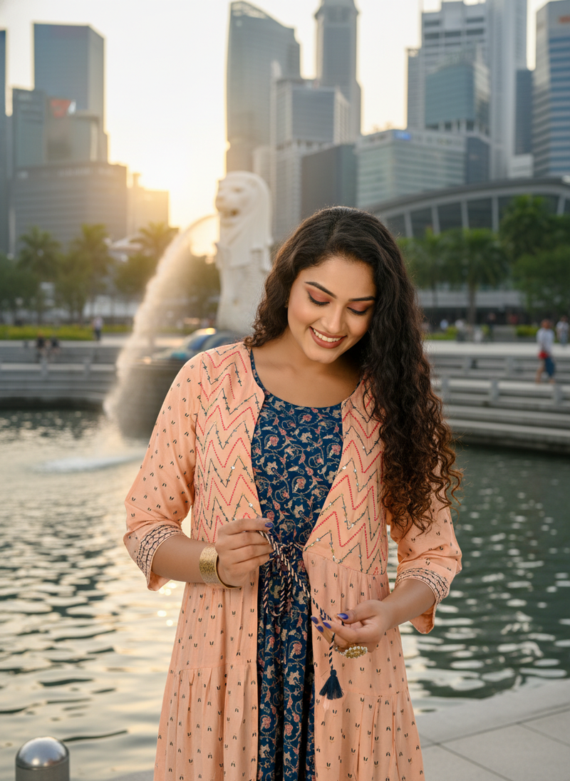 Peach  cotton with hand print light embroidered kurti
