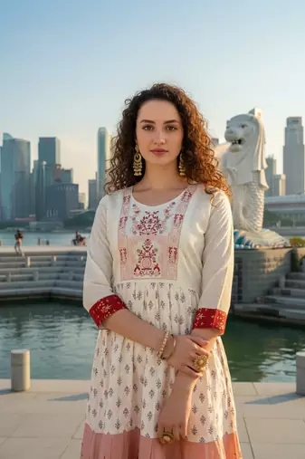 Cream  cotton with hand print light embroidered kurti