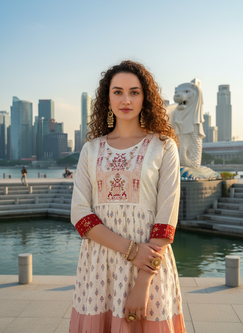 Cream  cotton with hand print light embroidered kurti