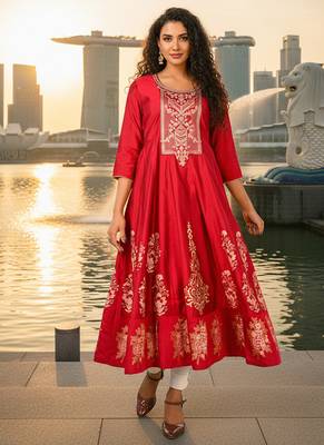 Red  cotton with hand print light embroidered kurti 1