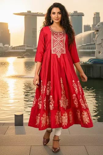 Red  cotton with hand print light embroidered kurti