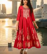 Red  cotton with hand print light embroidered kurti