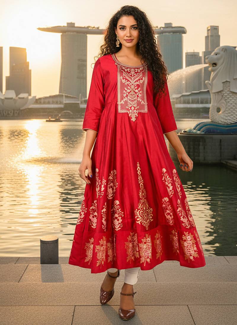 Red  cotton with hand print light embroidered kurti
