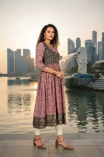 Violet  cotton with hand print light embroidered kurti