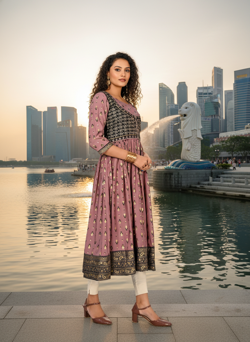 Violet  cotton with hand print light embroidered kurti