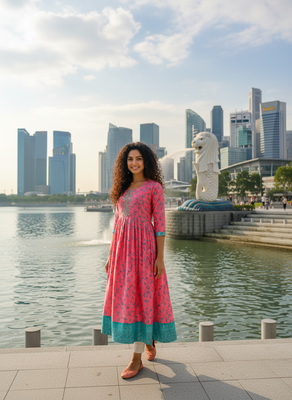 Pink  cotton with hand print light embroidered kurti 2